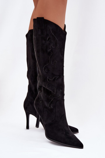 Stivali alti neri da donna in stile cowboy con tacchi sottili in suede sintetico Belonia 2