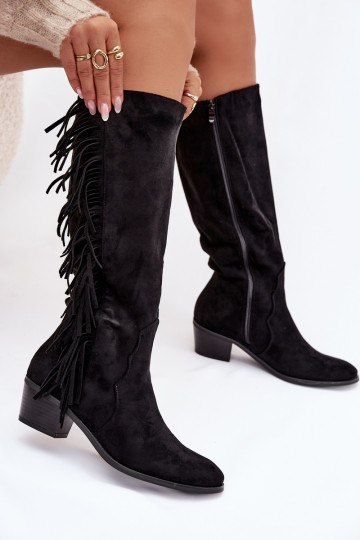 Stivali alti neri da donna in stile cowboy con imbottitura, tacchi e frange Firlina