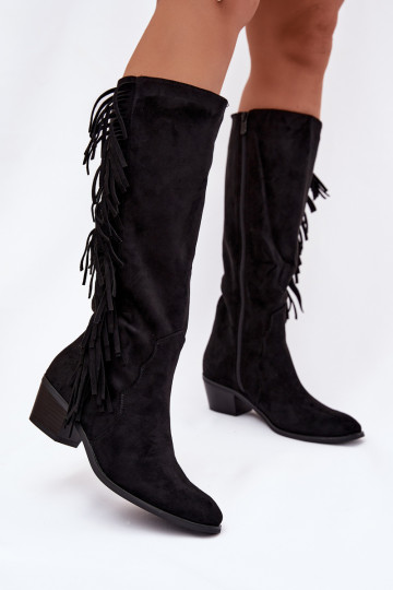 Stivali alti neri da donna in stile cowboy con imbottitura, tacchi e frange Firlina 2