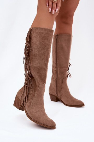 Stivali alti chaki da donna in stile cowboy con imbottitura, tacchi e frange Firlina 2