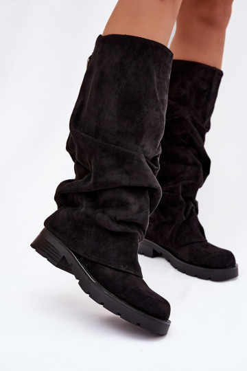 Stivali alti neri caldi da donna slip-on con parte superiore arricciata Ilvessa