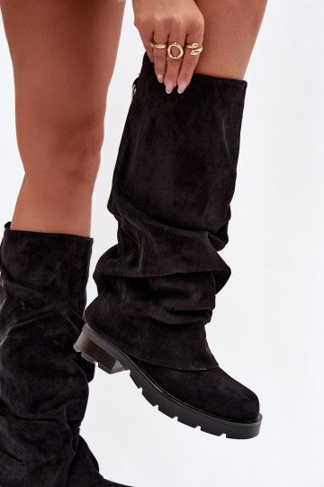 Stivali alti neri caldi da donna slip-on con parte superiore arricciata Ilvessa 2