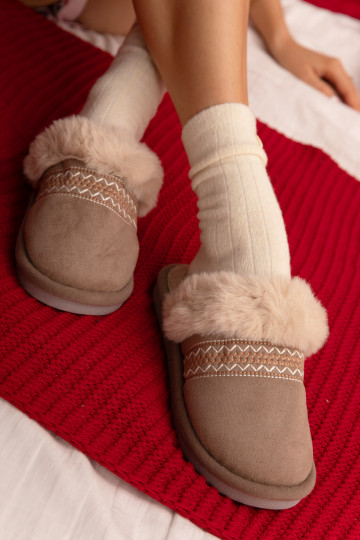 Ciabatte Devianne color chaki da donna con pelliccia e ricami