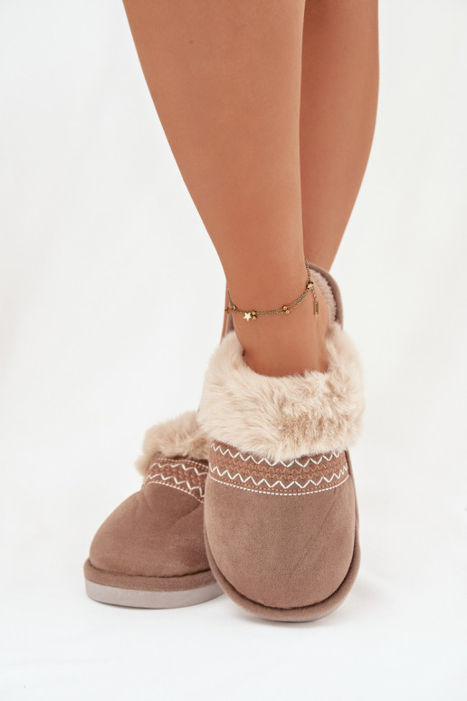 Ciabatte Devianne color chaki da donna con pelliccia e ricami