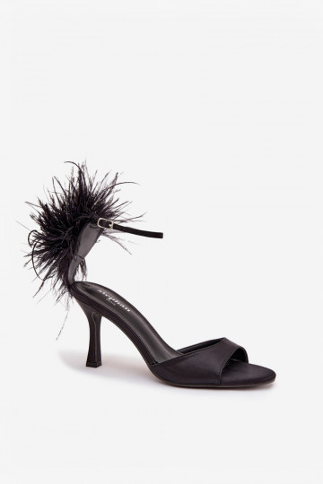 Sandali neri con tacco sottile e piume Caelina 2