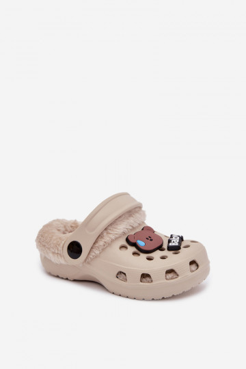 Pantofole per bambini calde con pelliccia interna, color chaki "Cerelle"