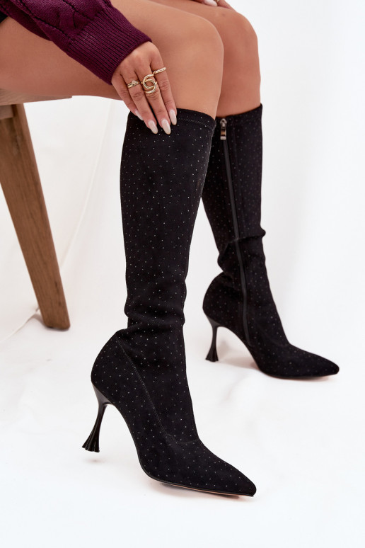 Stivali alti da donna con tacco sottile e decorazione D&A JC52-883 neri