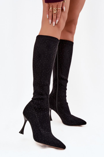 Stivali alti da donna con tacco sottile e decorazione D&A JC52-883 neri 2