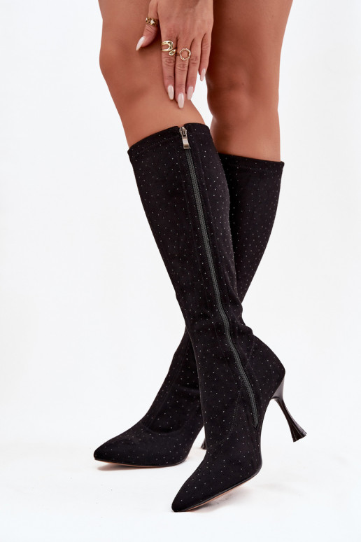 Stivali alti da donna con tacco sottile e decorazione D&A JC52-883 neri