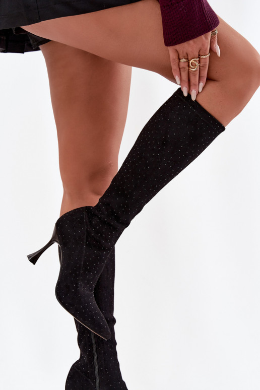 Stivali alti da donna con tacco sottile e decorazione D&A JC52-883 neri