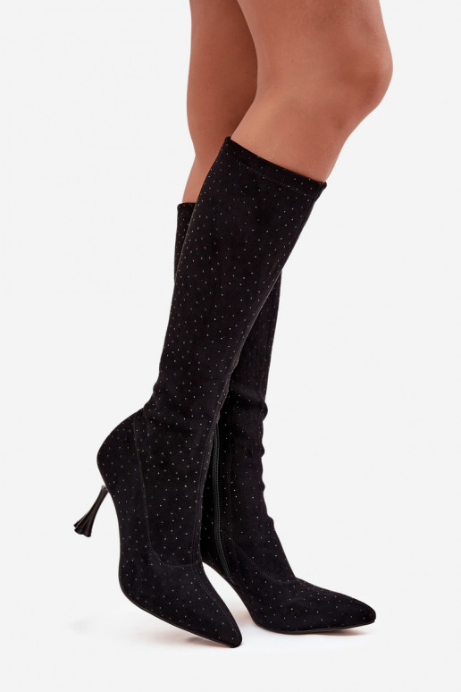 Stivali alti da donna con tacco sottile e decorazione D&A JC52-883 neri