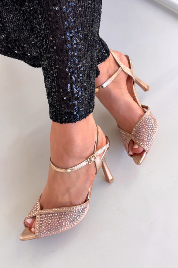 Sandali da donna color champagne con tacco sottile e decorazione Peloria