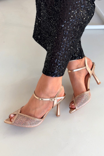 Sandali da donna color champagne con tacco sottile e decorazione Peloria 2
