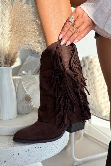 Stivaletti da donna in stile cowboy color cioccolato con frange e tacco Gralina