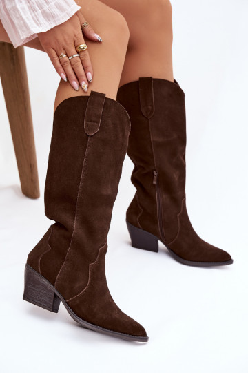 Stivali alti in pelle scamosciata da donna in stile cowboy, foderati color cioccolato Urselle