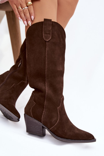 Stivali alti in pelle scamosciata da donna in stile cowboy, foderati color cioccolato Urselle 2