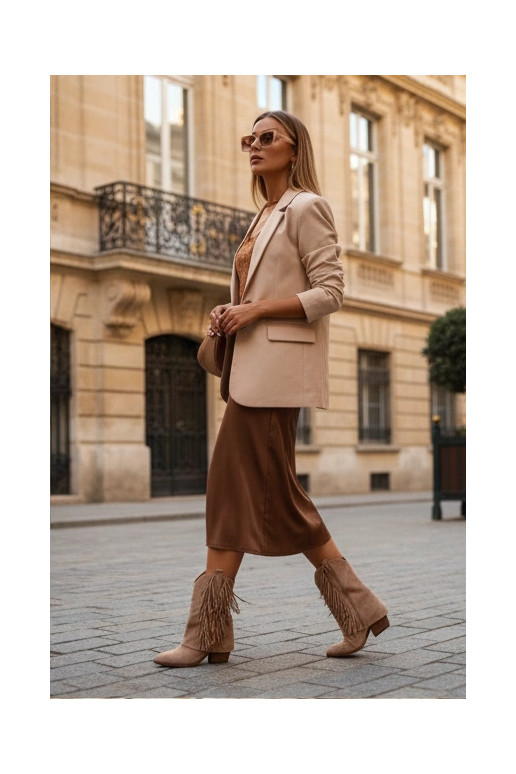 Stivaletti da donna in stile cowboy color chaki con frange e tacco Gralina