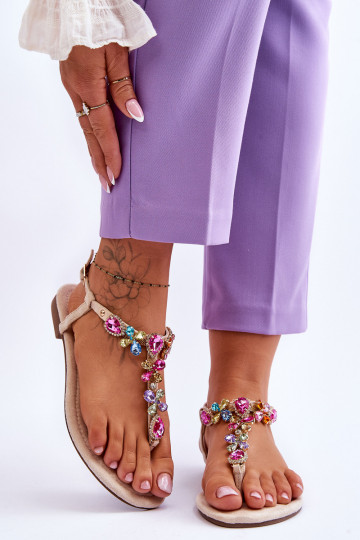 Sandali in camoscio Pantofole con decorazione di ciottoli beige Frency