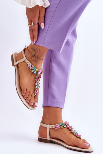 Sandali in camoscio Pantofole con decorazione di ciottoli beige Frency 2