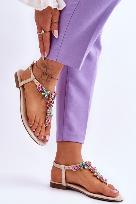 Sandali in camoscio Pantofole con decorazione di ciottoli beige Frency