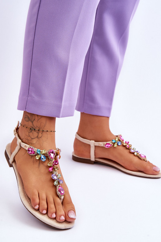 Sandali in camoscio Pantofole con decorazione di ciottoli beige Frency