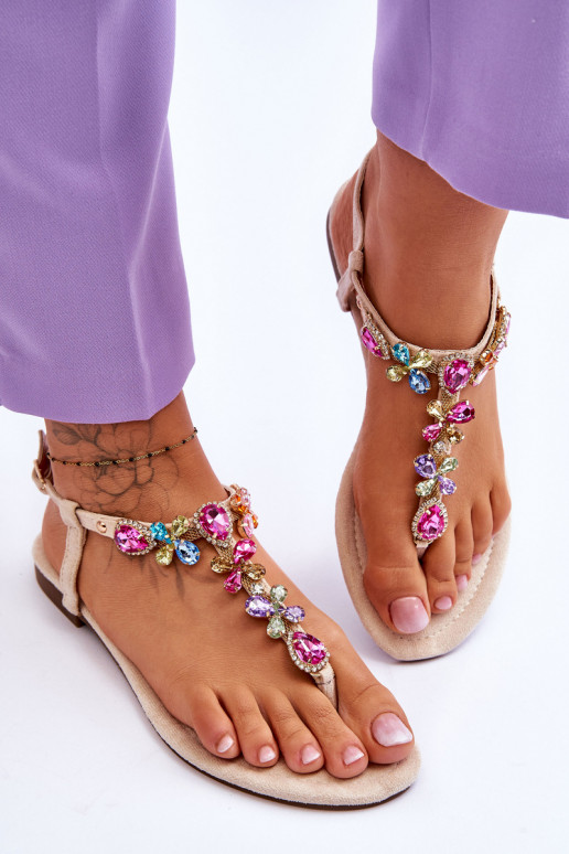 Sandali in camoscio Pantofole con decorazione di ciottoli beige Frency