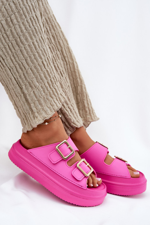 Pantofole da donna con una piattaforma Ze colore doratomi con fibbiemi colore rosa Zorila