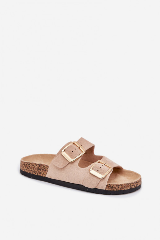 Pantofole da donnain ecopelle scamosciatau colore dorato con fibbie beige Vorella