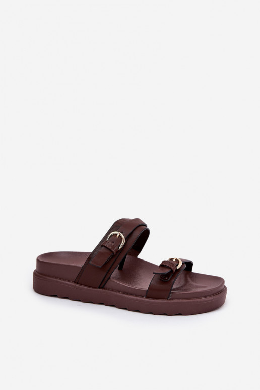 Pantofole da donna con una piattaforma Ze colore doratomi con fibbiemi colore marrone INernone