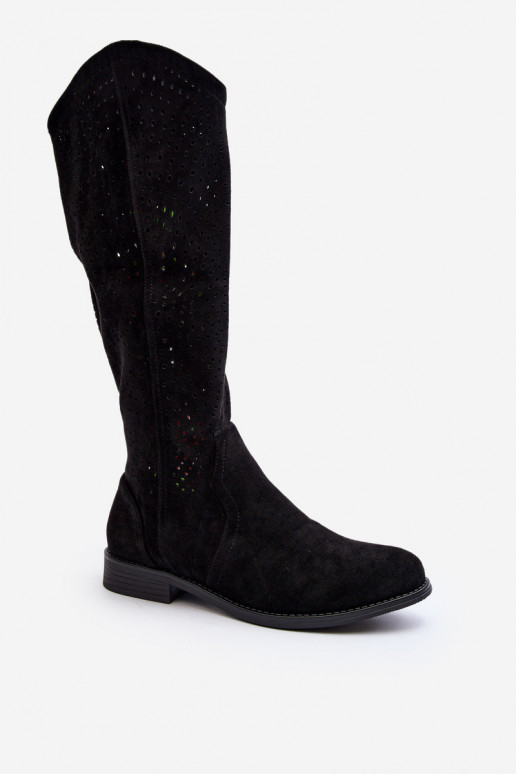 S.Barski HY66-150 con elementi traforati stivali con tacchi larghi colore nero