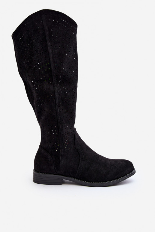 S.Barski HY66-150 con elementi traforati stivali con tacchi larghi colore nero