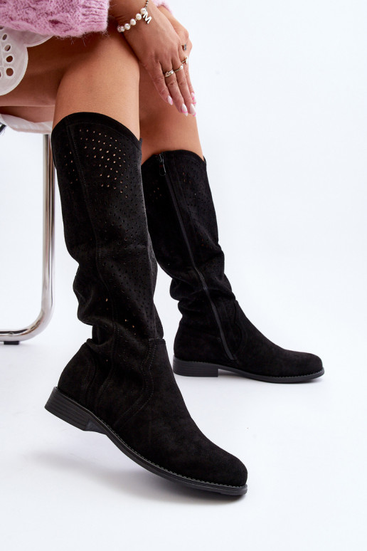 S.Barski HY66-150 con elementi traforati stivali con tacchi larghi colore nero