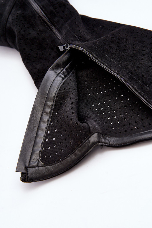 S.Barski HY66-150 con elementi traforati stivali con tacchi larghi colore nero