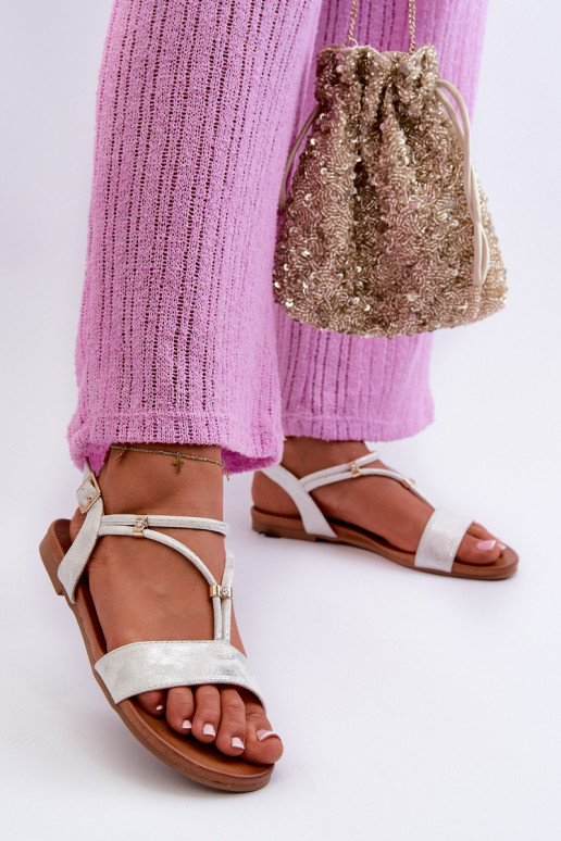 Femminile Sandali bassi con strisce S.Barski KV27-010 Bianco-color argento