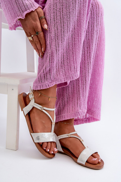 Femminile Sandali bassi con strisce S.Barski KV27-010 Bianco-color argento