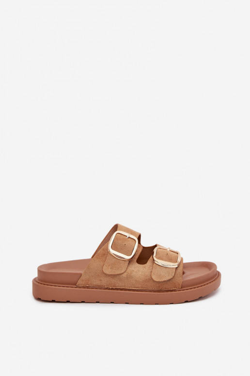 Pantofole da donna con una piattaforma Ze colore doratomi con fibbiemi colore marrone Verena