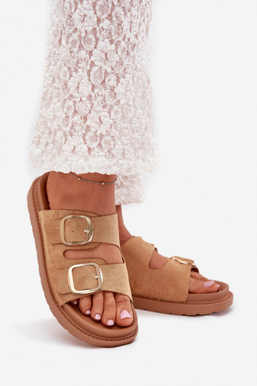 Pantofole da donna con una piattaforma Ze colore doratomi con fibbiemi colore marrone Verena