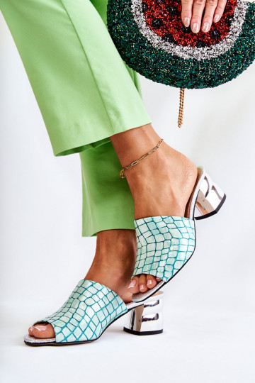 Pantofole in pelle Femminile Elegantello coccodrillo con i tacchi verde chiaro Perry 2