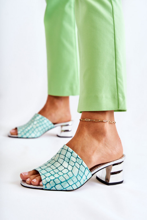 Pantofole in pelle Femminile Elegantello coccodrillo con i tacchi verde chiaro Perry