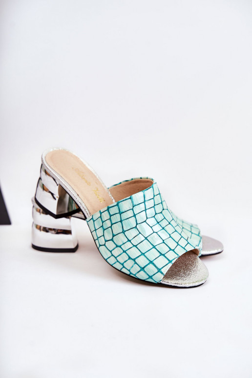 Pantofole in pelle Femminile Elegantello coccodrillo con i tacchi verde chiaro Perry