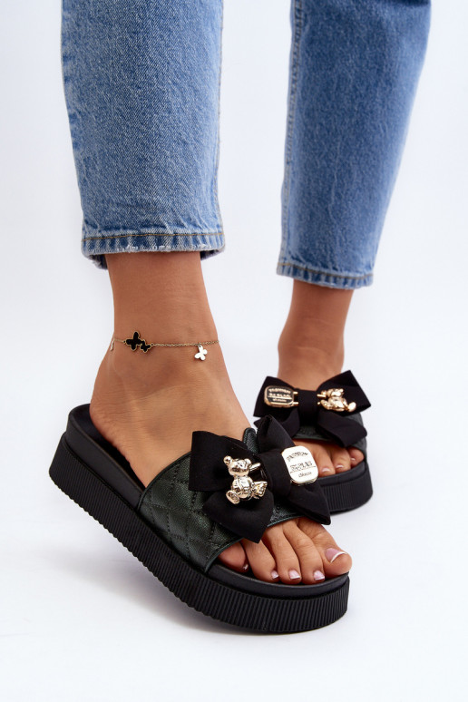 Femminile Pantofole con nastri i Orsi di peluchem colore nero Katterina