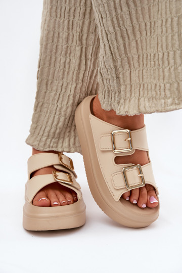 Pantofole da donna con una piattaforma Ze colore doratomi con fibbiemi beige Zorila 2