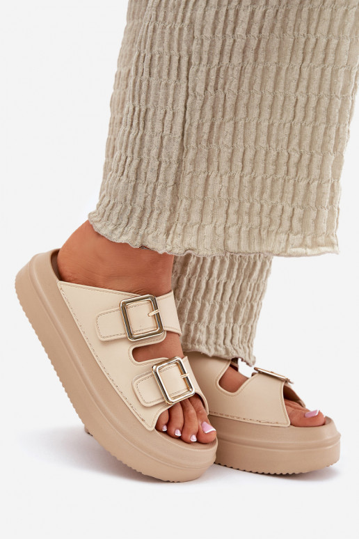 Pantofole da donna con una piattaforma Ze colore doratomi con fibbiemi beige Zorila