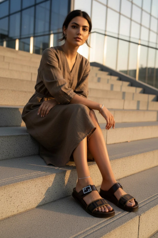 Pantofole da donna con fibbie dorate colore marrone Fiorisse