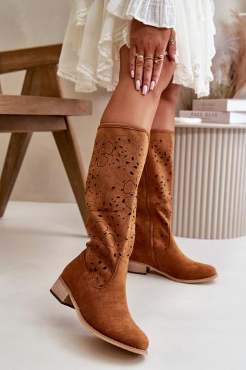 con elementi traforati stivali da donna Con tacco basso in ecopelle scamosciataoAe Fissato Al Castello colore marrone Orchides 2