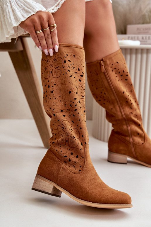 con elementi traforati stivali da donna Con tacco basso in ecopelle scamosciataoAe Fissato Al Castello colore marrone Orchides