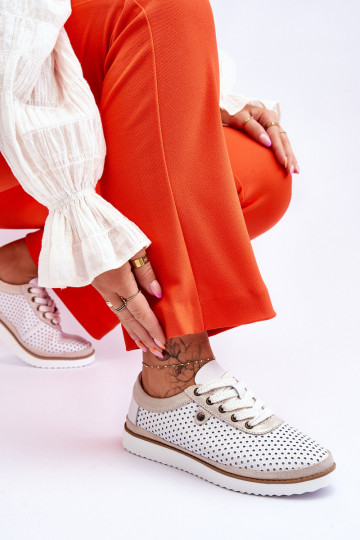 Alla moda Pelle Scarpe traforate Stile sportivo Bianco-colore dorato Cantare 2