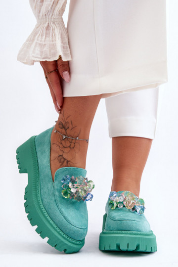Mocassini da donna con cristalli artificiali colore verde Avril 2