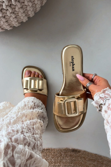Pantofole da donna con tacchi larghi con fibbie colore dorato Melivra 2