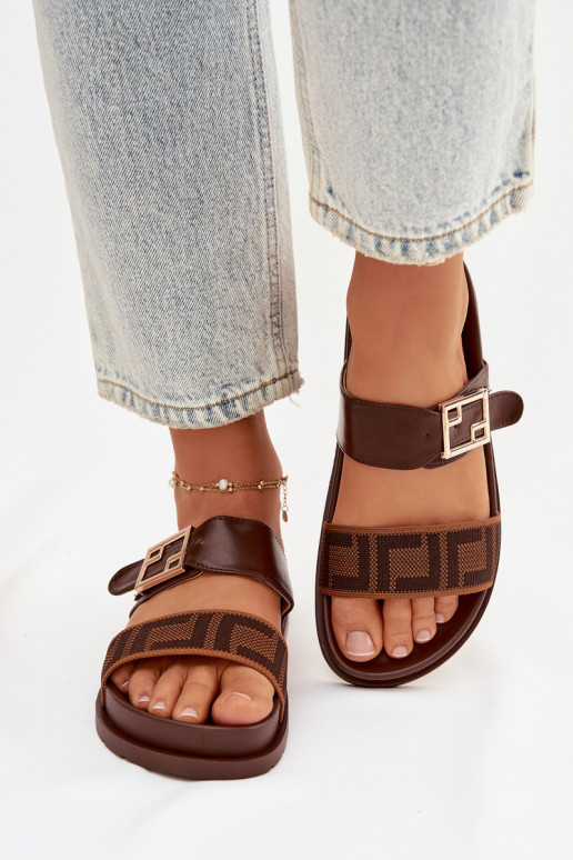 Pantofole da donna con fibbie dorate, colore marrone